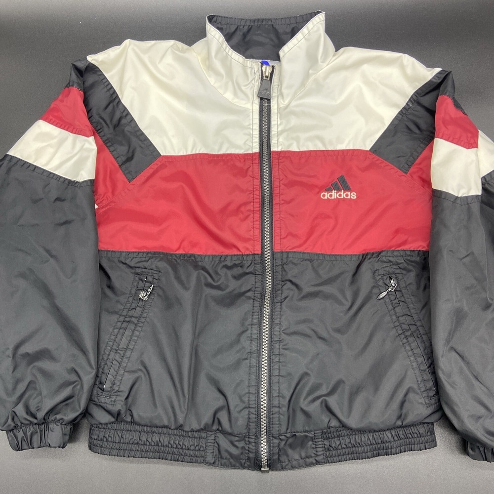 Vintage Adidas Youth Windbreaker Jacket Kids Boys Small Lined Red Full Zip Black